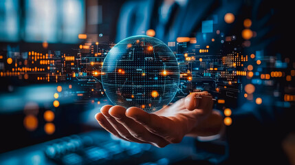 Business professional holding glowing digital globe surrounded by abstract data points and technology elements. innovation, global connectivity, and advancement of digital technologies