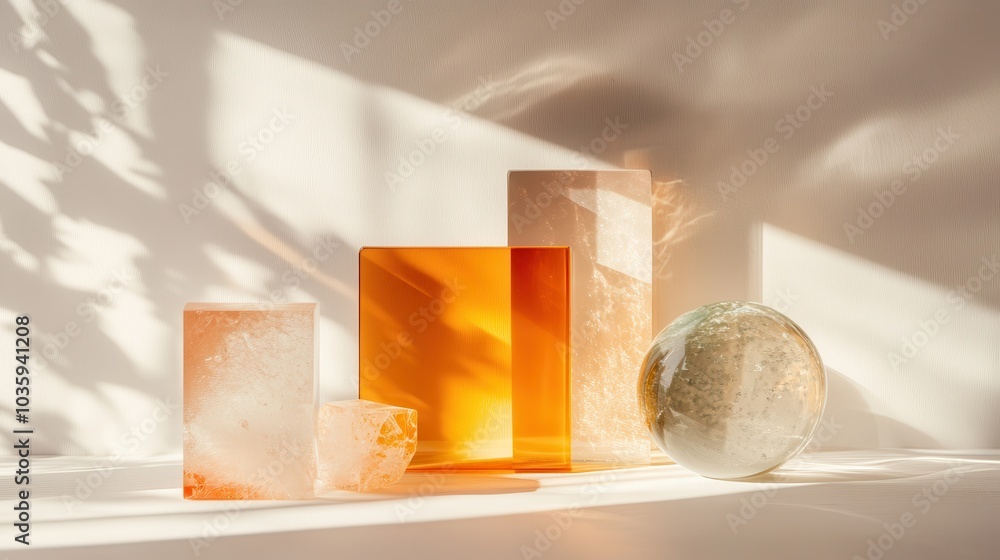 Poster a collection of glass blocks and a sphere arranged artistically, catching sunlight to cast intriguin