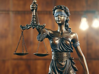 Majestic Closeup of Bronze Lady Justice Statue Symbolizing Impartiality and Tradition in Legal System with Blurred Courtroom Background - Legal Concept for Law Firms and Publications