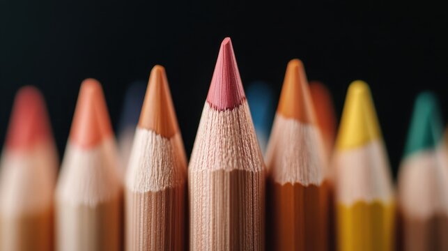 A close-up macro photograph showcasing a set of sharpened colored pencils arranged in triangular pattern, epitomizing artistic finesse and precision.