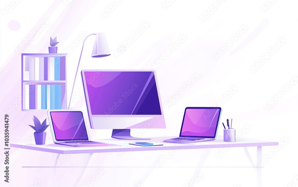 Poster modern workspace with three computers on desk featuring purple accents and stylish decor in a minima
