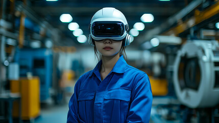 worker in blue workwear and futuristic helmet stands confidently in industrial setting, showcasing advanced technology in manufacturing