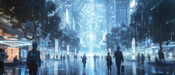 Silhouettes of people walking in a futuristic city with a glowing blue sky.