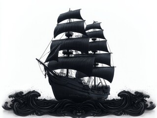 Dramatic Black Ship Sailing on Abstract Waves, Graphic Design Artwork with Mystery and Grandeur for Book Covers and Branding
