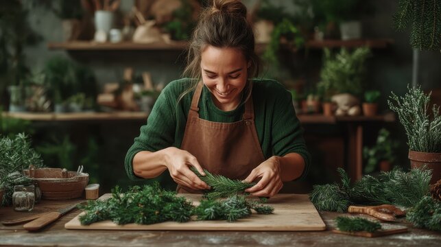 A woman engaged in crafting a wreath joyfully in a cozy studio space filled with greenery, showcasing the calming and rewarding aspects of artistic creation.