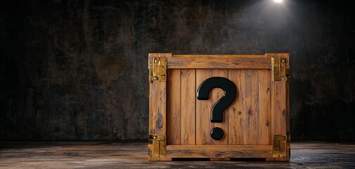 Enigmatic Mystery Closeup of Weathered Wooden Crate with Gold Hinges and Question Mark on Dark Textured Background, Concept of Curiosity and Discovery
