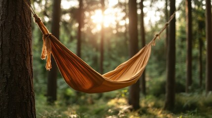 A serene scene featuring an orange hammock suspended among tall trees in a peaceful forest, capturing the essence of relaxation, nature, and solitude at sunset.