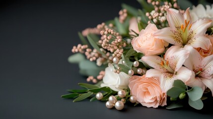 An elegant floral arrangement featuring roses and lilies, complemented by pearls and green foliage, creating a lush and luxurious composition full of romance and charm.