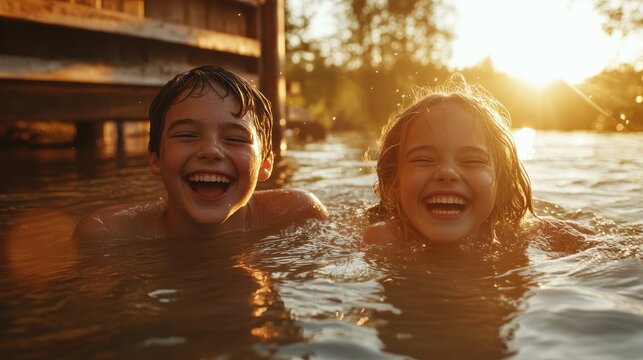 Two joyful children are swimming together in a sunlit lake near a wooden structure, capturing the essence of carefree summer fun and childhood happiness.