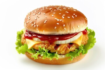 Double Chicken burger with ketchup  cheese  and mayonnaise on isolated white background.  burger