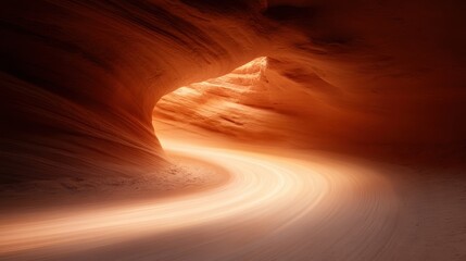 Obraz premium A picturesque red rock canyon illuminated by a dramatic light trail, creating a sense of speed and motion, capturing the beauty of natural formations.