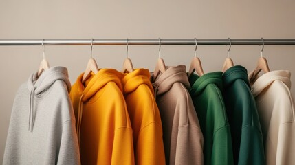 A row of multicolored hoodies ranging from grey to green, neatly hanging on wooden hangers on a metal rack, illustrating a blend of casual and vibrant fashion.