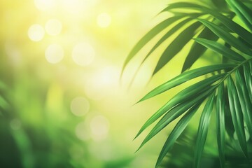 Obraz premium Isolated green leaf on a soft, blurred bokeh background in bright light, featuring abstract tropical plants with room for product showcase