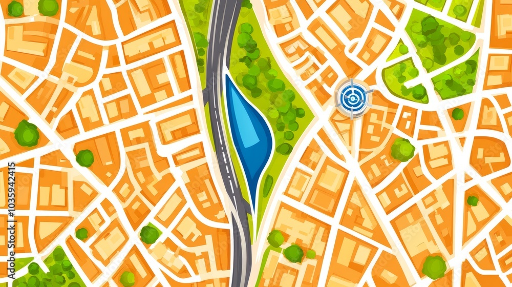 Poster a colorful and detailed map of a city with a river running through it.