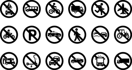 Prohibitory Round Road Signs. Vector Icons. No Traffic Jams, Trucks, Trolleybuses, Motorcycles, Buses, Bicycles, Pedestrians, Taxis, and More