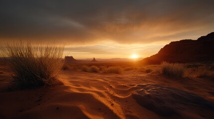 Obraz premium A dramatic sunset casts warm hues over a sprawling desert landscape, emphasizing dry brush and sandy textures, creating an intense and serene atmosphere.