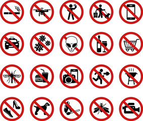 Red Prohibitory Public Signs. Vector Icons. Sticker Set. No Selfies, Smoking, Drones, Phones, BBQ, Dog Walking, Wearing Shoes, Aliens and More