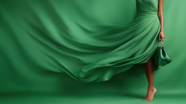 A dynamic green dress and stylish bag create a sense of movement and elegance, reflecting modern fashion trends in a minimalistic backdrop.