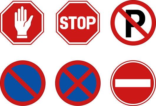 Red Road Signs Prohibiting Parking. Vector Icons. No Parking, Stopping, Waiting, and Entry