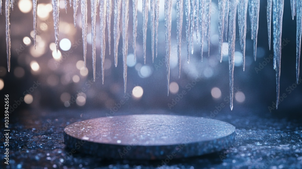 Leinwandbilder icicles dangle from a frosty surface, illuminated by soft light. water droplets gather on a circular