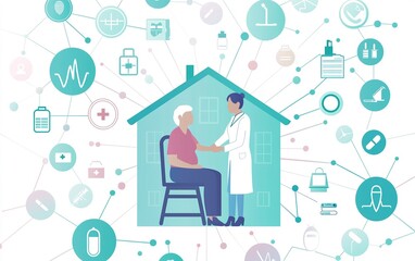 A healthcare professional consulting with an elderly patient in a digital home care setting emphasizing health technology integration