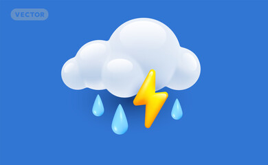 Vector weather rainy storm day illustration of fluffy cloud with shine yellow color lightning and rain drop on blue background. 3d cartoon style design of thunderstorm cloud with lightning and rain
