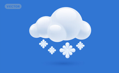Vector weather snowy day illustration of fluffy cloud with snowflake on blue background with shadow. 3d cartoon style design of shine snow cloud
