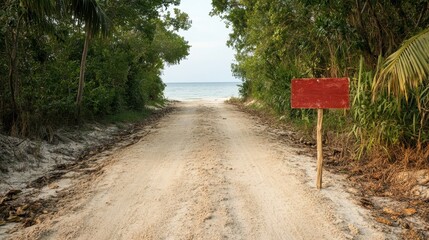 A secluded sandy trail between lush green trees leading to an inviting ocean view, with a rustic red sign on the right, under a clear blue sky.