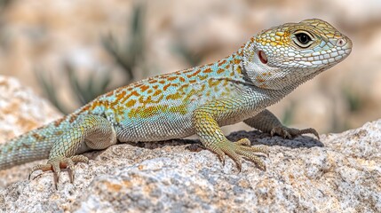 Fototapeta premium Colorful lizard resting on a rocky surface.