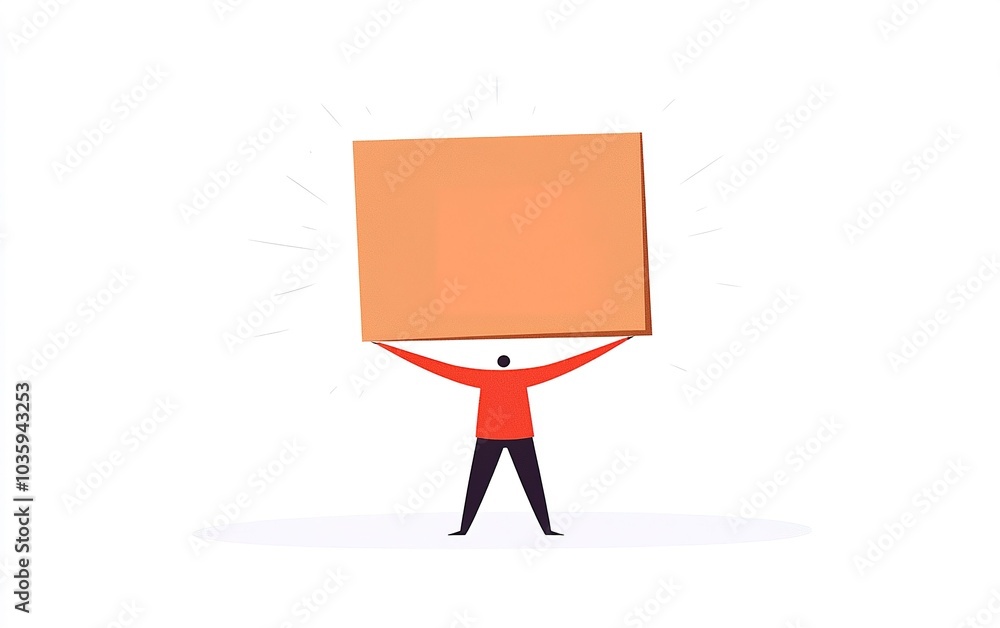 Poster a person standing with a large square cardboard box overhead in a simple, minimalist style on a whit