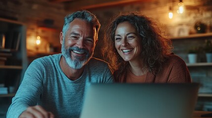 A couple shares a warm smile in a cozy room with glowing ambient lighting, focusing on a laptop, which signifies warmth, connection, and intimate ambiance.