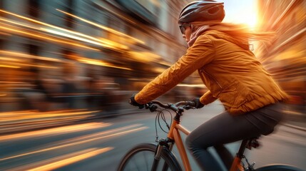 Naklejka premium A striking photograph of a cyclist moving swiftly through a busy city street, capturing the essence of urban life and speed, framed by dramatic light streaks.