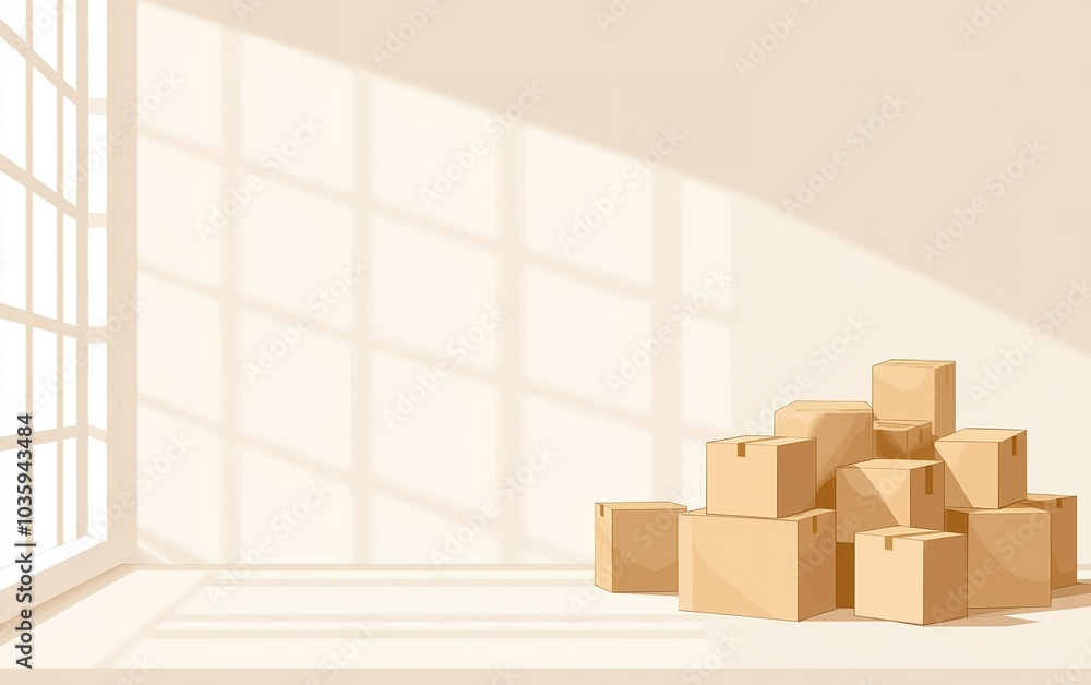 Poster a stack of cardboard boxes near a large window casting shadows in a bright room