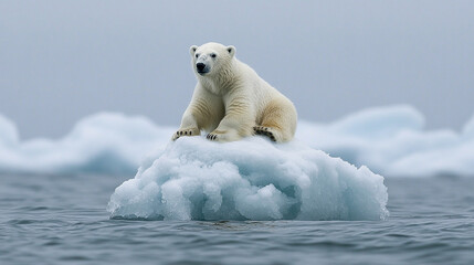 
A polar bear stranded on a small iceberg surrounded by open ocean,