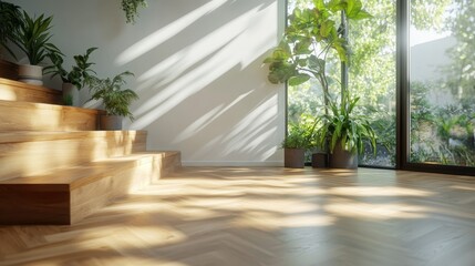 The sunlit wooden steps are adorned with lush green plants, casting charming shadows on the floor, enhancing the natural and serene vibe of the space.