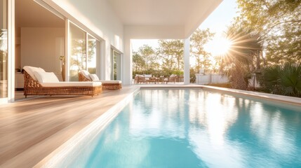 A welcoming pool terrace captures the warmth of the sun, complemented by comfortable seating and lush surroundings, creating an inviting outdoor sanctuary.