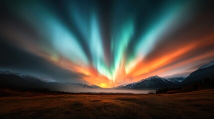 Obraz premium A stunning aurora paints vibrant colors across the sky as a beautiful sunset fades over the silhouette of snow-capped mountains. Captures raw nature's magnificence.