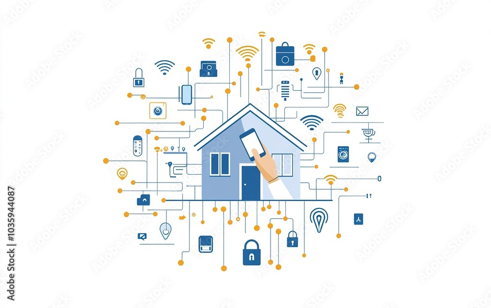 Poster a hand holds a smartphone, illustrating a smart home with interconnected devices and wireless signal