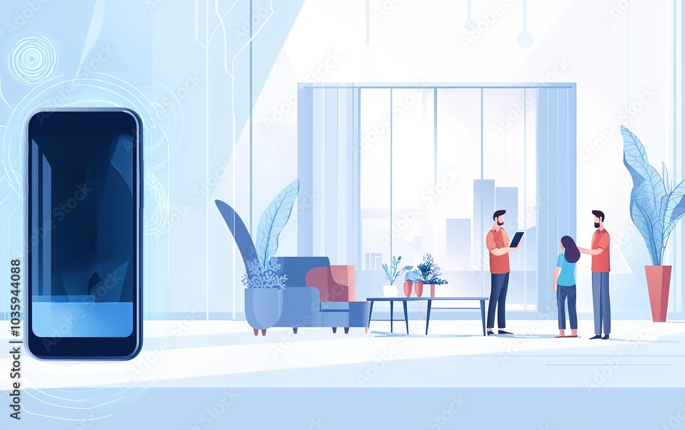 Poster modern office space with three colleagues discussing a project while a smartphone rests on a table i