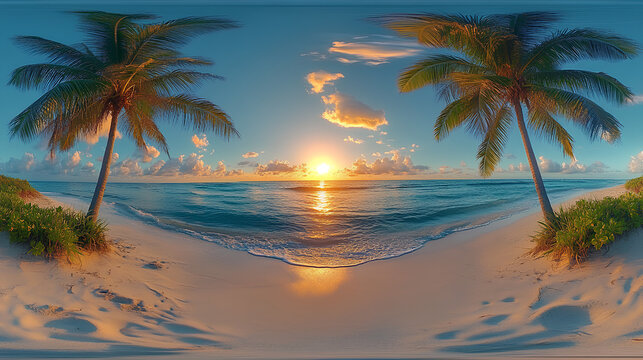 360 hdri panorama with coconut trees on ocean coast on beach at sunset in equirectangular spherical seamless projection 