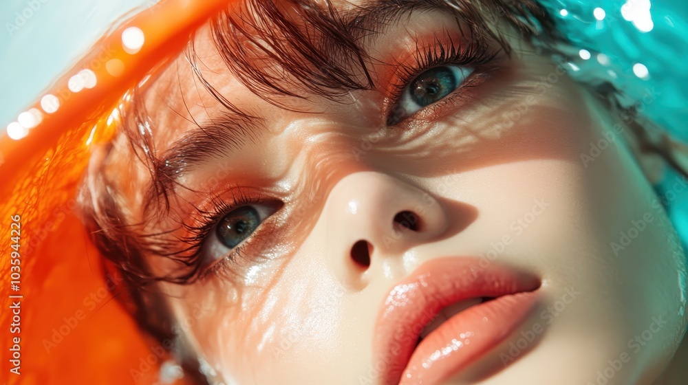 Poster a close-up portrait showcasing intricate details of a face, with vibrant orange and turquoise patter
