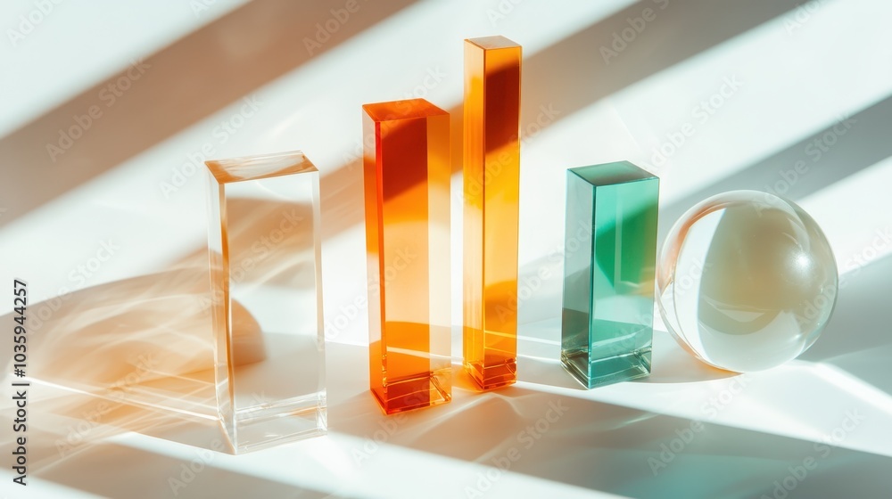 Poster a collection of vibrant glass prisms and a sphere create an artistic display against a pattern of li