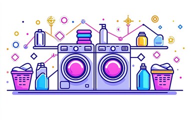 Naklejka premium Bright and modern laundry setup with washing machines, detergent bottles, and neatly stacked towels in a colorful environment