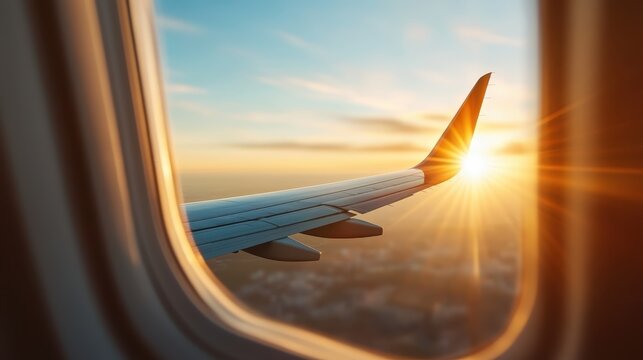The wing of an airplane is captured during a radiant sunset flight, providing a spectacular view of the horizon painted with the breathtaking colors of dusk. - Powered by Adobe