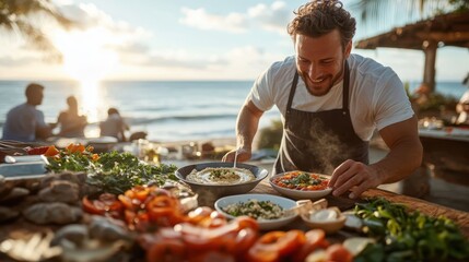 A joyful chef in an apron skillfully prepares a colorful variety of dishes on a wooden table with a stunning ocean view and warm sunset in the background.