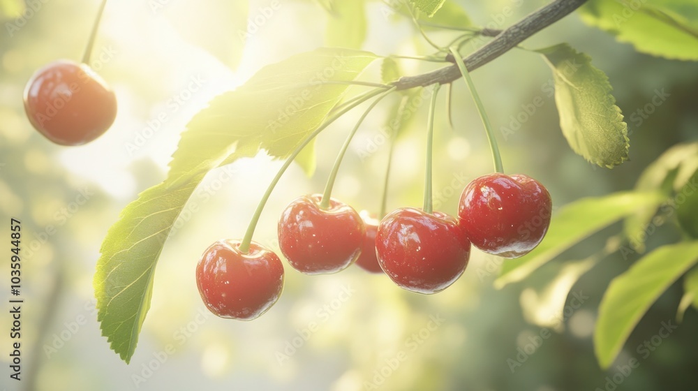 Poster a cluster of ripe red cherries hang from a branch, bathed in the warm glow of the setting sun. the l