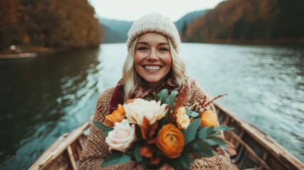 A joyful woman holding a bouquet of flowers relaxes on a serene boat trip across a calm lake, framed by lush autumn foliage and peaceful surroundings.