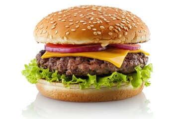 Perfect hamburger classic burger american cheeseburger isolated on white reflection  burger