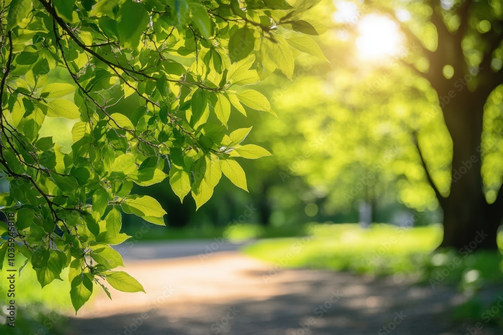 Poster beautiful, blurred background of natural greenery and trees in the park on a sunny day with a bokeh 
