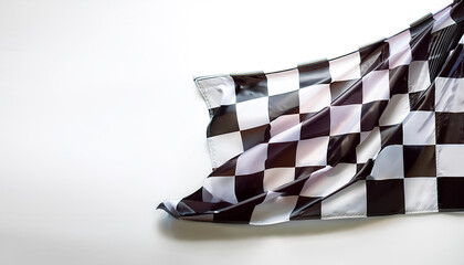 Checkered flag indicating end of a race on side position provides copy space for text. background concept isolated white